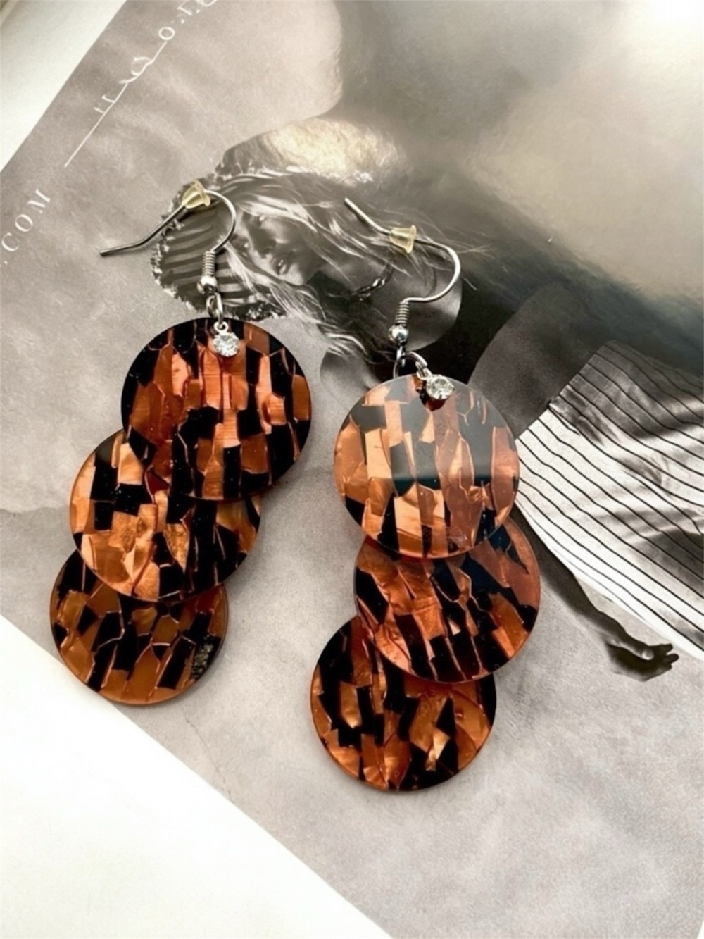 Acrylic Mosaic Circle Dangle Earrings with Rhinestone Accents New